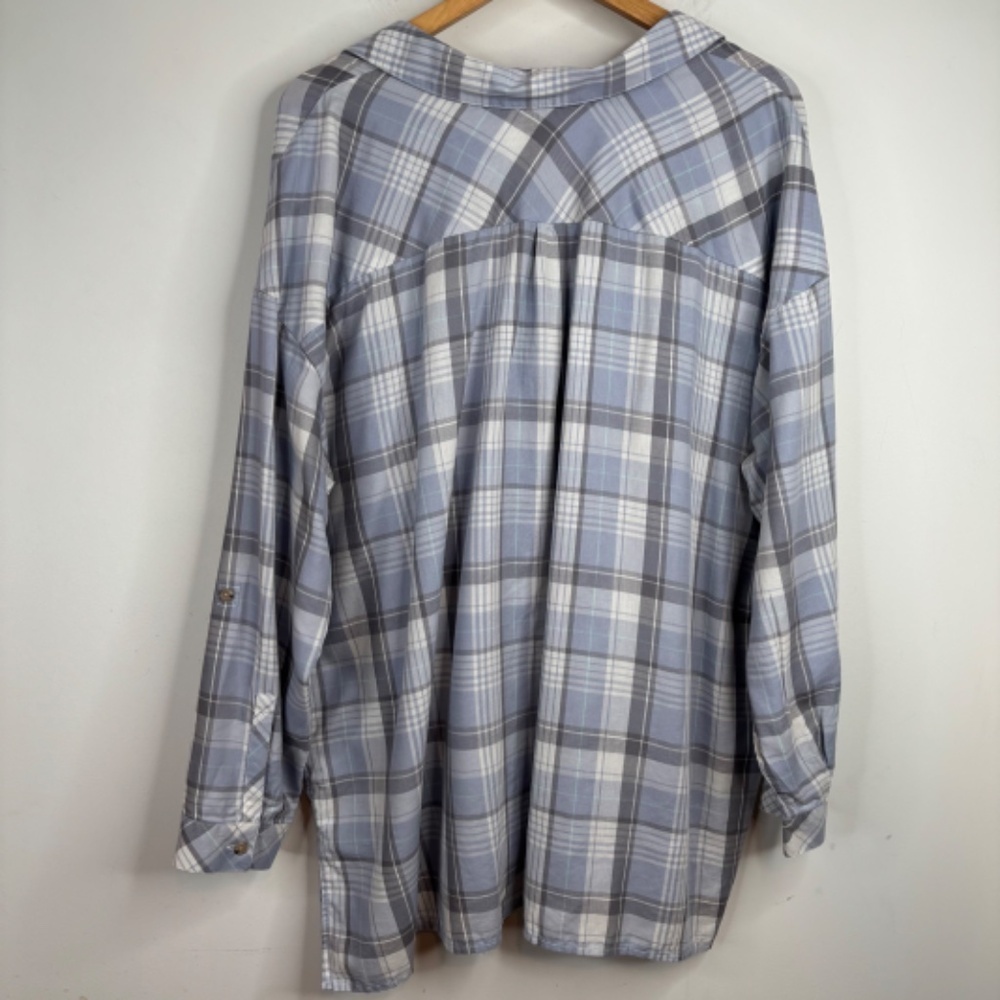 J Jill Plaid Top 2X Purple Button Up Roll Tab Minimalist Preppy Neutral Spring - Picture 5 of 10